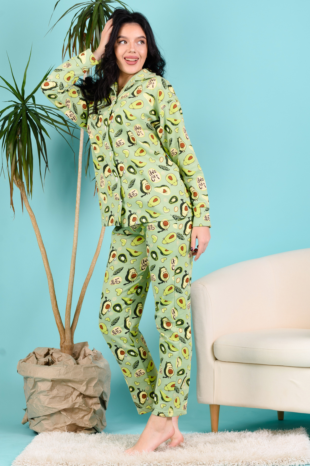 Фото товара 21688, теплый домашний костюм с начесом, принт авокадо