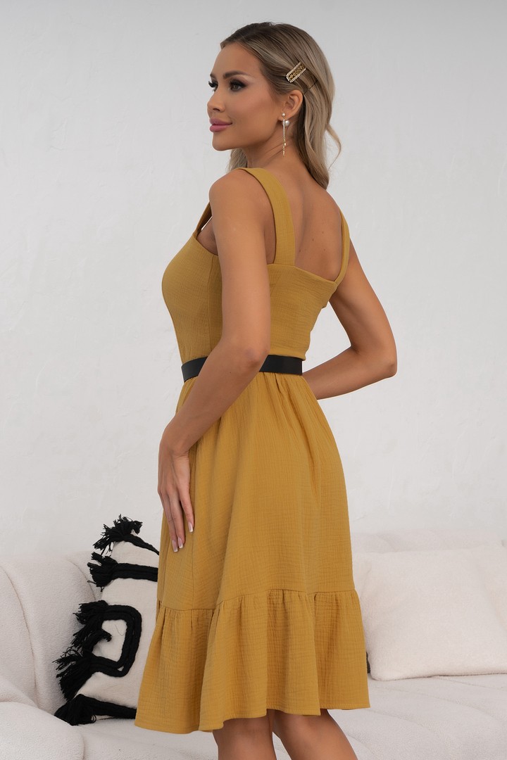 Фото товара 22361, летнее платье из жатки горчичного цвета
