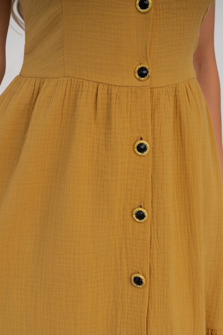 Фото товара 22362, летнее платье из жатки горчичного цвета